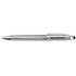 A silver stylus pen with a black tip and a branded logo on the barrel.