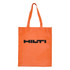 An orange large shopping tote bag with a gusset and a logo on the front.