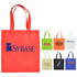 A red shopping tote bag with a logo, accompanied by various coloured tote bags in orange, white, and others.
