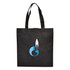 A black shopping tote bag featuring a logo with blue and white elements.