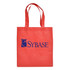 A red shopping tote bag with two handles and a logo on the front.