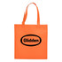 An orange shopping tote bag with a logo on the front and two sturdy handles.