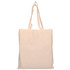 A calico tote bag in a light beige colour with long, sturdy handles. It features a logo on one side.