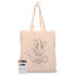 A natural calico tote bag with a floral watering can design and a set of vibrant crayons in various colours.