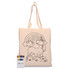 A calico tote bag featuring a unicorn design with a rainbow and clouds, accompanied by a set of coloured markers.