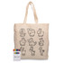 A cream-coloured tote bag featuring outlined animal illustrations alongside a crayon set in vibrant colours.