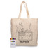 A calico tote bag featuring an Australian design, accompanied by a set of colourful crayons.