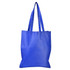 A blue shopping tote bag with a V gusset and long handles, featuring a logo.