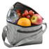 A grey cooler bag containing a water bottle, grapes, an apple, and an orange, with a shoulder strap.