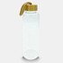 A drink bottle made of clear glass with a bamboo lid and a woven strap.