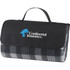 A grey and black checkered picnic rug with a black carrying handle and a logo on the front.
