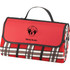 A red and black checkered picnic rug with a carry handle and a logo on the front.