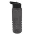 A drink bottle in dark grey with a black lid and a textured grip around the centre. Features a logo.