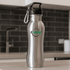 A drink bottle made of stainless steel with a black cap and a logo. It features a sleek, silver finish.