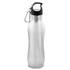 A drink bottle made of silver stainless steel with a black plastic lid and a carabiner attachment.