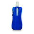 A drink bottle in blue, featuring a spout and a carabiner attachment, with a logo on the side.