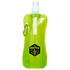 A drink bottle in bright green with a flexible design and a carabiner clip. It features a logo on the front.