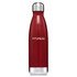 A drink bottle in a deep red colour with a sleek stainless steel base and a logo.