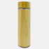 A drink bottle with a bamboo finish and a silver lid, showcasing a sleek, eco-friendly design.