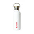 A drink bottle in white with a wooden lid and a logo on the front, featuring a sleek design.