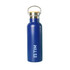 A drink bottle in navy blue with a stainless steel top and a metal carry handle, featuring a logo.
