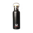 A drink bottle in matte black with a stainless steel lid and a wooden accent, featuring a logo.