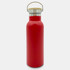 A drink bottle featuring a sleek red design with a stainless steel cap and a wooden handle.