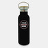 A drink bottle in matte black with a stainless steel lid and a circular branding space.
