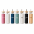 A drink bottle set featuring a pink, white, teal, black, and orange tumbler with natural wood lids and logos.