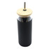 A drink bottle featuring a black plastic body, bamboo lid, and stainless steel straw. It has a logo.