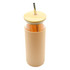 A drink bottle with a peach-coloured silicone sleeve, glass body, bamboo lid, and stainless steel straw.