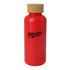 A drink bottle in bright red with a cork lid and a logo.