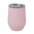 A pink Zen Mirror Finish Mug with a clear lid, designed for drinks. Features a sleek, modern shape and has branding.