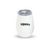 A drink bottle in white with a stainless steel lid, featuring a logo. Ideal for holding beverages.