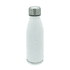 A drink bottle in white aluminium with a stainless steel lid and a logo on its surface.