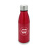 A drink bottle in a shiny red finish with a silver cap and a logo on the front.