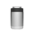 A stainless steel stubby cooler with a black silicone band, featuring a logo. Ideal for keeping drinks cold.