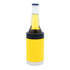 A drink bottle covered in a bright yellow stubby holder with a black top and a silver base.