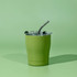 A drink bottle in a vibrant green colour with a stainless steel straw and a clear lid, featuring a logo.