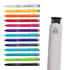 A collection of brightly coloured plastic pens in various shades, featuring a white pen with a logo and a recycled symbol.