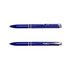 A blue recycled ABS pen featuring a sleek design and silver accents, with a branded logo.