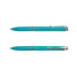 A turquoise recycled ABS pen with silver accents and a clip, displayed from two angles.