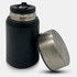 A black vacuum flask with a stainless steel lid, featuring a logo on the body.