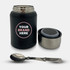 A drink bottle in matte black with a silver lid, accompanied by a stainless steel spoon and a branding area.
