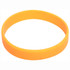 An orange silicone wristband with a smooth finish and a branding logo.