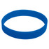 A blue silicone wristband featuring a smooth texture and a round shape, with a logo present.