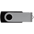 A black and silver USB flash drive, featuring a rotating mechanism and a keyring attachment.