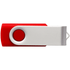 A red and silver USB flash drive with a swivelling cover and a circular button, featuring a logo.