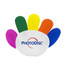 A hand-shaped highlighter with six vibrant colours: green, yellow, orange, red, blue, and purple. It features a logo.
