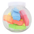 A clear jar contains assorted highlighters in blue, pink, yellow, orange, and green colours, topped with a white lid.
